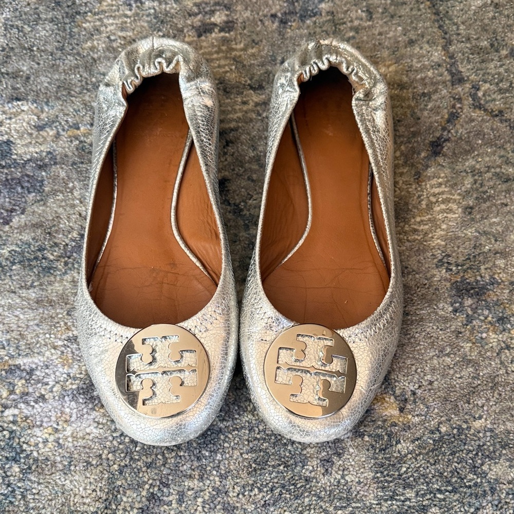 Tory Burch Metallic Silver Leather Reva Ballet Flats